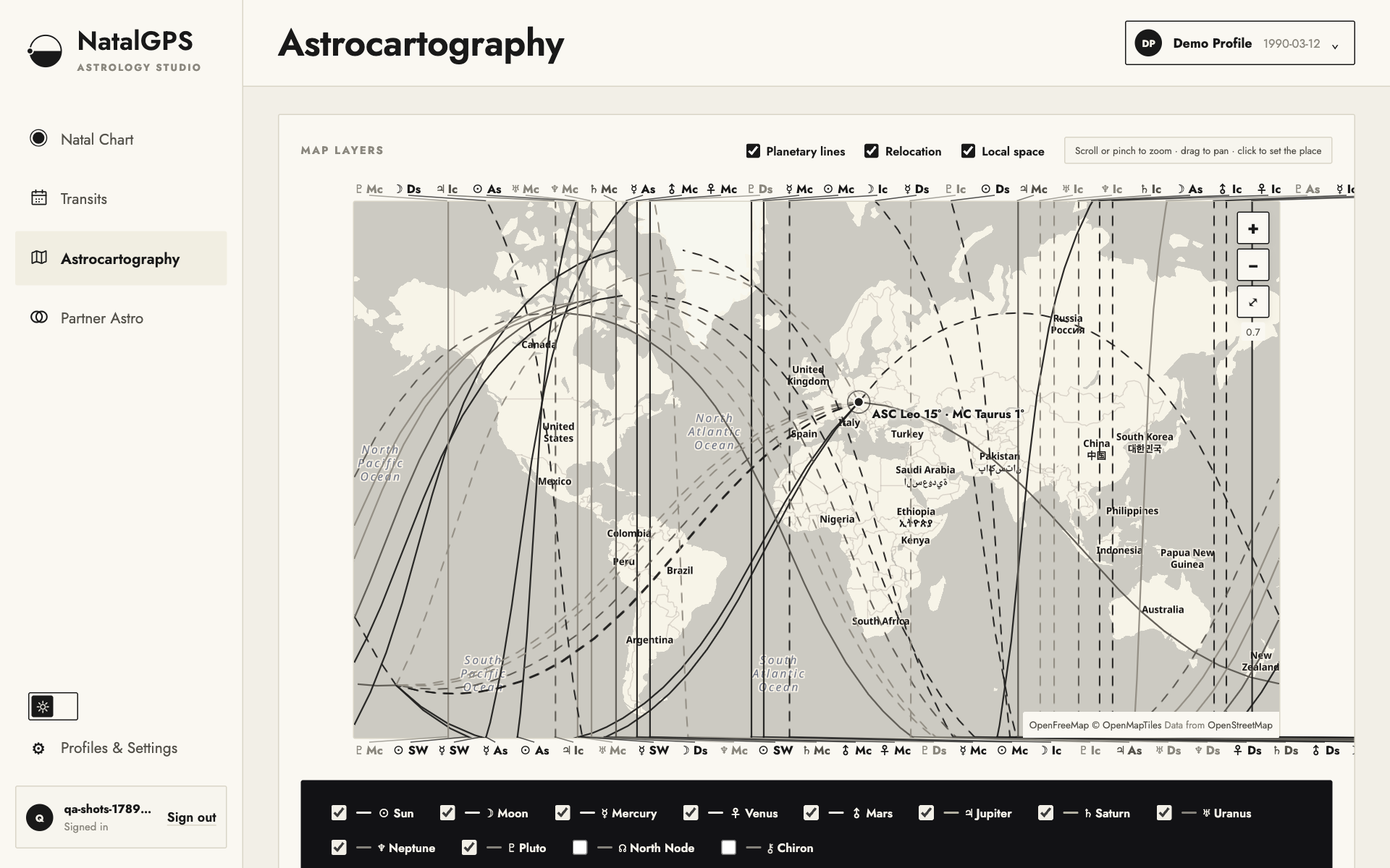 An astrocartography map in natalGPS with planetary lines drawn across a world map