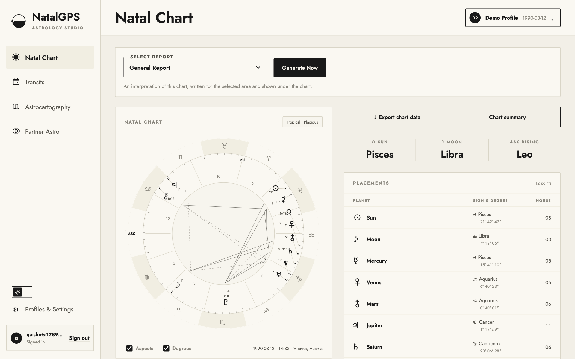 A natal chart calculated in natalGPS: the birth chart wheel with houses and aspects beside the placement table