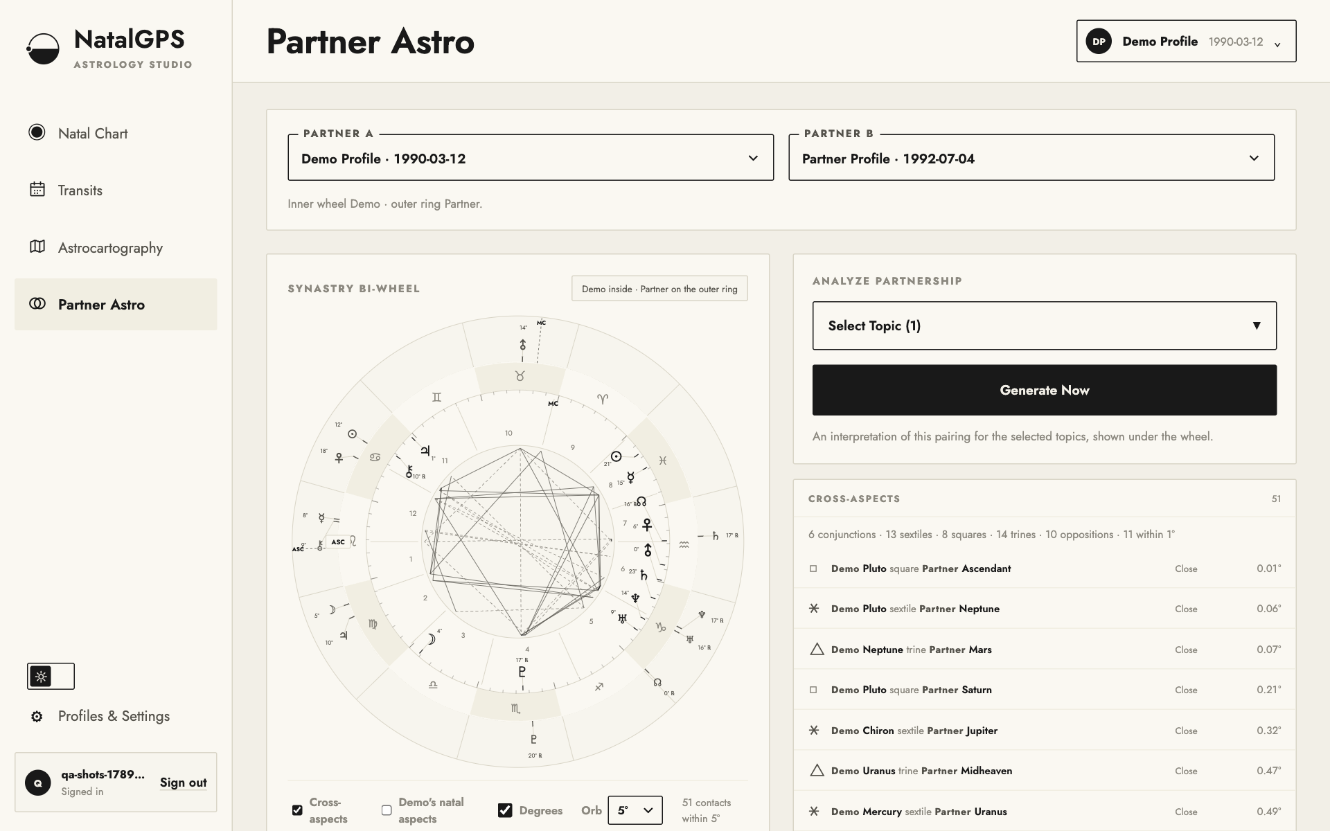 Partner Astro in natalGPS: a synastry bi-wheel with cross-aspects and house overlays