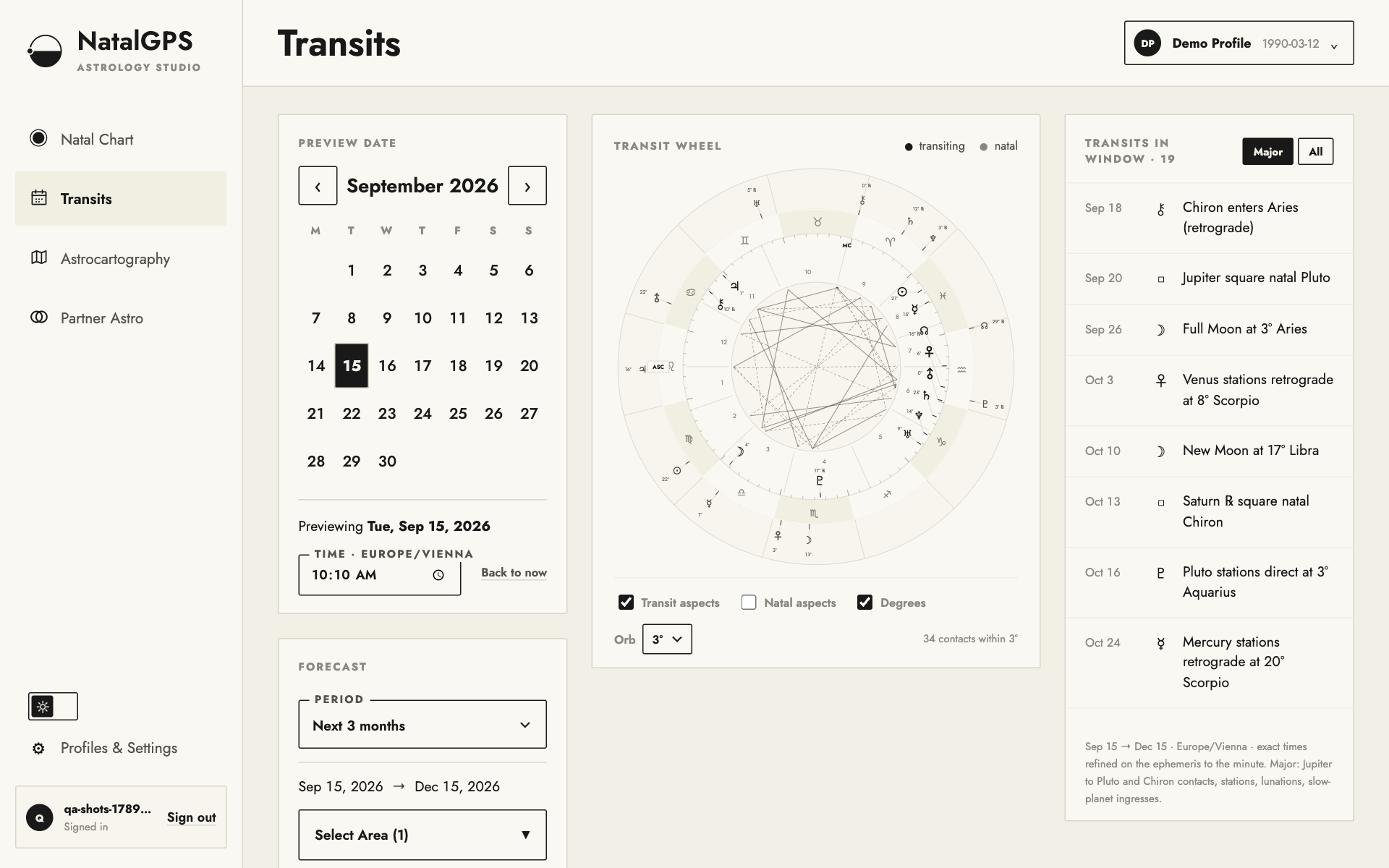 The Transits page in natalGPS: a preview calendar, the transit bi-wheel and the list of upcoming transits