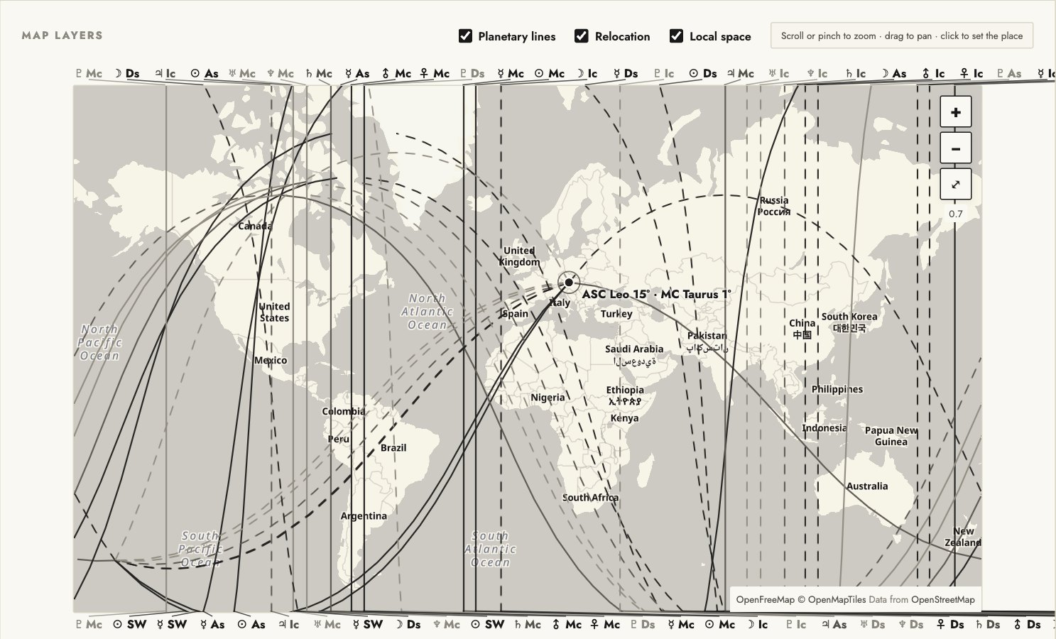 The natalGPS astrocartography map: planetary lines, a relocated place with its new Ascendant and Midheaven, and local space lines